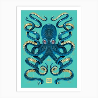 Octopus Blue And Gold Art Print