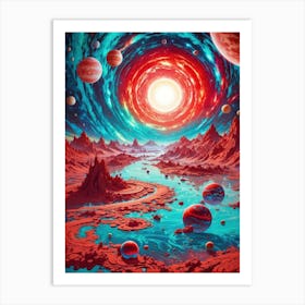 Surreal neon alien world — red planets adorn the cosmic canvas beneath a colossal sun, a fantastical realm where abstract mountains meet the wonders of interstellar imagination. Art Print