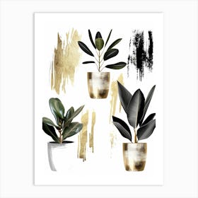 Gold And Black Potted Plants 1 Art Print