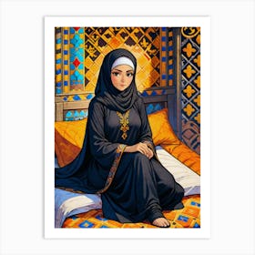 Muslim Girl Sitting On Bed Art Print