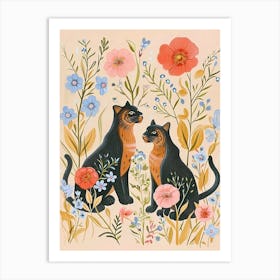 Folksy Floral Animal Drawing Black Panther Art Print