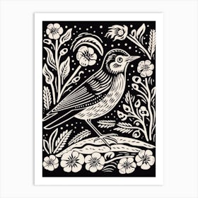 B&W Bird Linocut Lark 1 Art Print