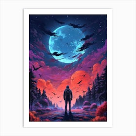 Dark Black Forest Full Moon Painting Art Print
