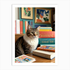 Cat Sitting In Front Of Books Art Print