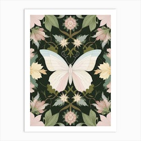 Butterfly On A Black Background Style William Morris Art Print