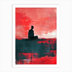Person Sitting On A Rock, Red Minimalism Art Print