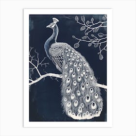 Navy & Cream Peacock On A Tree 1 Art Print