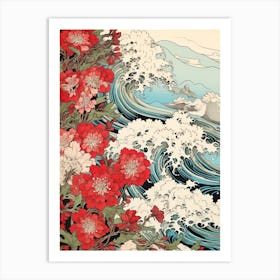 Great Wave With Sweet William Flower Drawing In The Style Of Ukiyo E 3 Art Print