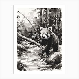 Red Panda Fishing In A Stream Ink Illustration 1 Art Print