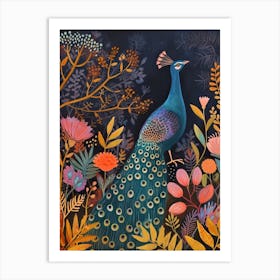 Folky Floral Peacock At Night In The Wild Art Print