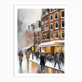 Amsterdam cafes, winter season, Christmas, autumn oil colors, pale colors, pedestrians in the street, winter clothes, falling snow.1 2 Poster