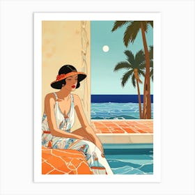 Vintage Illustration Of A Woman By The Pool Art Print