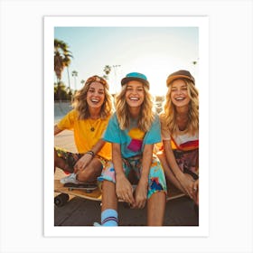 A Joyous Group Of Three Caucasian Female Skateboarders Hipster In Style Smiling Radiantly Sitting (1) Art Print