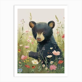 American Black Bear Cub In A Field Of Flowers Storybook Illustration 4 Art Print