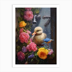 Duckling In The Shower Floral Painting Art Print