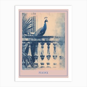 Cyanotype Inspired Peacock Resting On A Handrail 2 Poster Art Print
