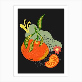 Poster with texture tangerine on a branch with leaves and abstract color spots 1 Art Print