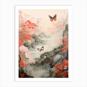 Butterflies By The River Japanese Style Painting 1 Art Print