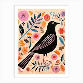 Pink Scandi Blackbird 1 Art Print