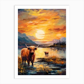 Highland Cows In The Loch Impressionism Style Paintings 2 Art Print