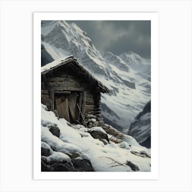 Moody Rustic Winter Cabin Painting Art Print