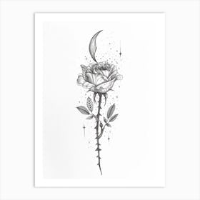 English Rose Moon And Stars Line Drawing 4 Art Print
