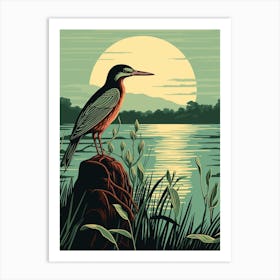 Vintage Bird Linocut Green Heron 4 Art Print