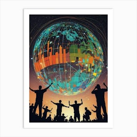 People Dancing In Front Of A Globe Art Print