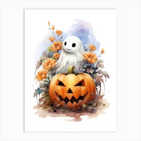 Cute Ghost With Pumpkins Halloween Watercolour 123 Art Print