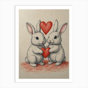 Two Rabbits Holding Hearts Art Print