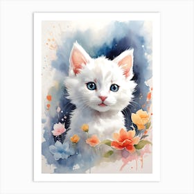 White Kitten Watercolor Art Print