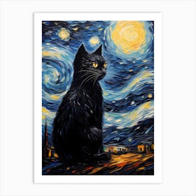 Starry Night with Black Cat, Vincent Van Gogh Inspired Art Print