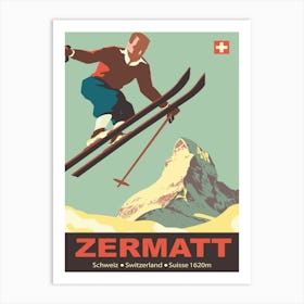 Zermatt,Mountain, Switzerland, Man on Ski Jump Art Print