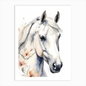 Floral White Horse Watercolor Painting (21) Art Print