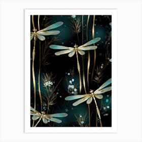 Dragonflies On A Black Background Art Print