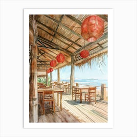 Watercolor Painting Of The Interior Of An Old Wooden Seaside Restaurant Art Print