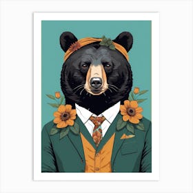 Floral Black Bear Portrait In A Suit (5) Art Print