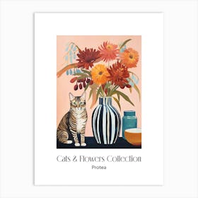 Cats & Flowers Collection Protea Flower Vase And A Cat, A Painting In The Style Of Matisse 0 Art Print