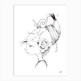 Black and White Pixie with Snail Art Print