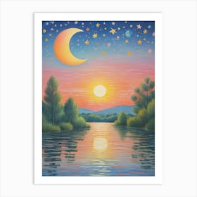 Sunset, Moon And Stars Art Print