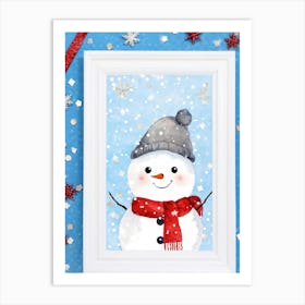 Watercolor Style Cute Snowman Peeking Around A White Wall Donning A Plush Red Scarf Shiny Hat Emb 1 Art Print