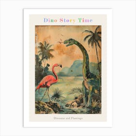 Vintage Flamingo & Dinosaur Illustration Poster Art Print