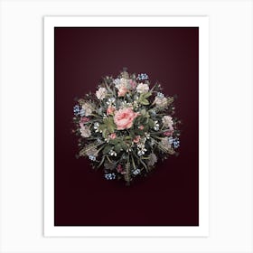 Vintage Pink Rose Turbine Flower Wreath on Wine Red Art Print