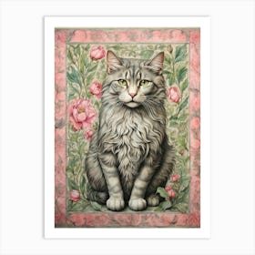 Cat In Pink Roses Art Print