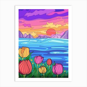 Watercolor Tulips At Sunset Art Print