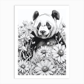 Giant Panda Cub Ink Illustration A Field Of Flowers Ink Illustration 3 Art Print