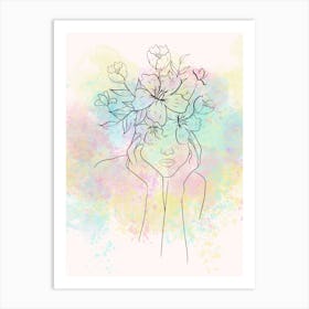 Watercolor Flowers In A Woman'S Head Art Print