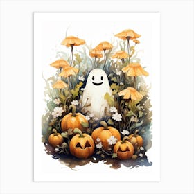 Cute Bedsheet Ghost, Botanical Halloween Watercolour 53 Art Print