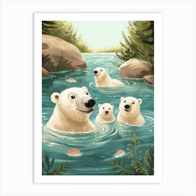 Polar Bear Family Swimming In A River Storybook Illustration 3 Art Print