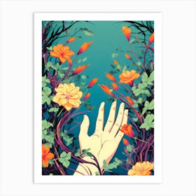 Hand Reaching For Flowers, flower art, flower and hand, flower digital art Art Print